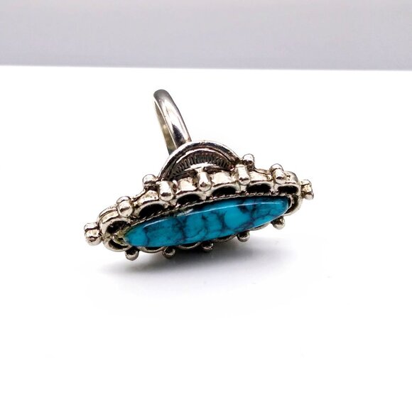 Retro Turquoise Look Statement Ring, Adjustable Silver Tone with Plastic Faux - Picture 5 of 7